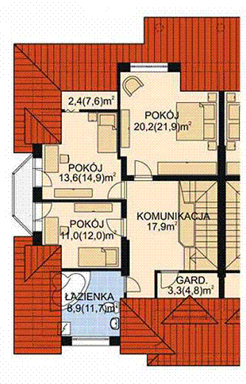 Projekt domu APS 025 - rzut poddasza, dom liczy 3 pokoje, 2 łazienki i wc