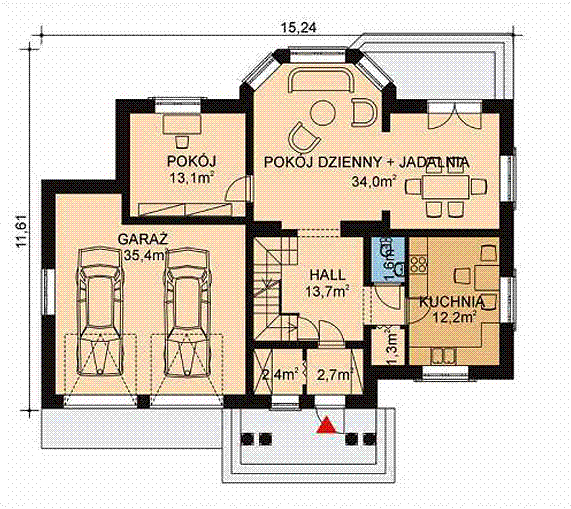 Projekt domu APS 042 - rzut parteru, dom liczy 5 pokoje, 2 łazienki i wc