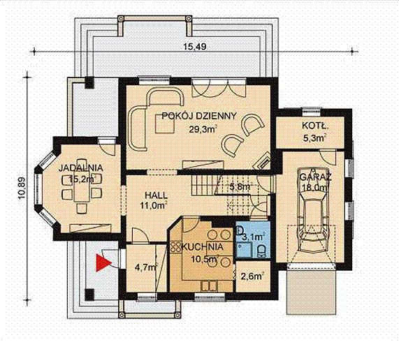 Projekt domu APS 063 - rzut parteru, dom liczy 5 pokoje, 2 łazienki i wc