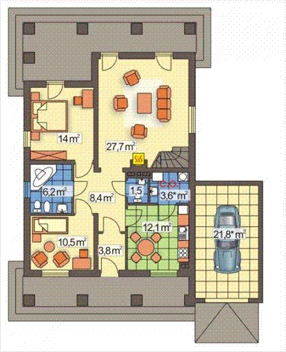 Parter projektu CUBA B z pojedynczym garażem