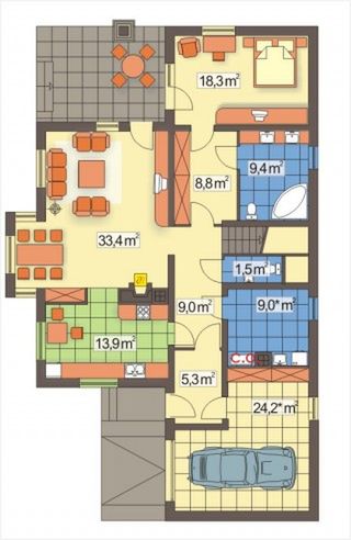 Parter projektu Malwa wersja B z garażem z boku, wjazd od południa