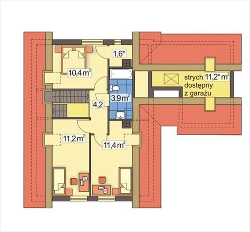 Poddasze projektu SOSENKA C z pojedynczym garażem wydłużona