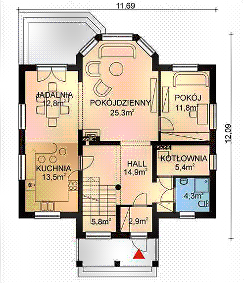 Projekt domu APS 086 - rzut parteru, dom liczy 4 pokoje, 2 łazienki i wc
