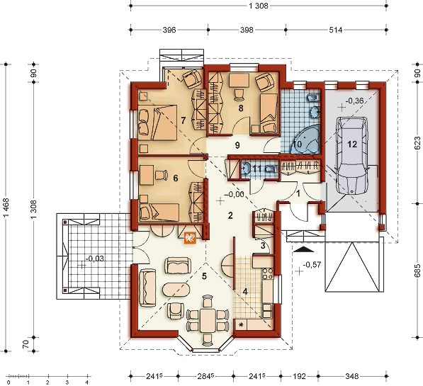 Projekt domu SOFIA - rzut parteru, dom liczy 3 pokoje, 2 łazienki i wc