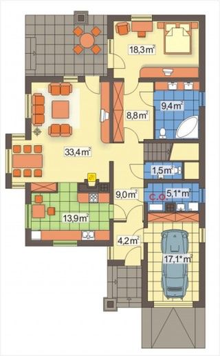 Parter projektu Malwa wersja A z garażem z przodu