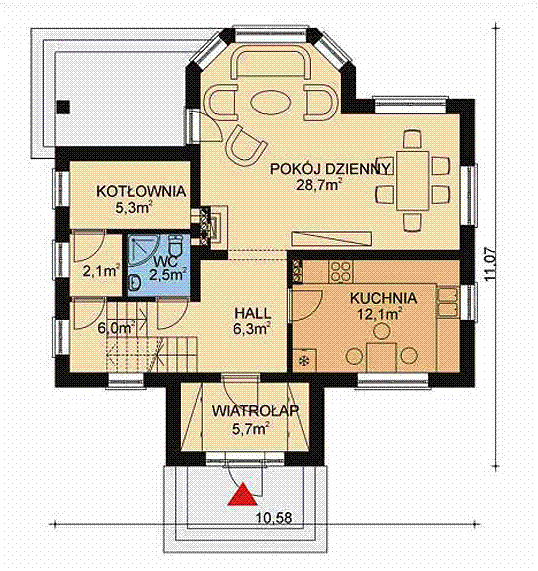 Projekt domu APS 095 - rzut parteru, dom liczy 3 pokoje, 2 łazienki i wc
