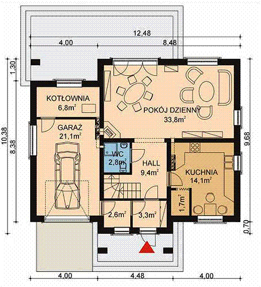 Projekt domu APS 118 - rzut parteru, dom liczy 4 pokoje, 2 łazienki i wc