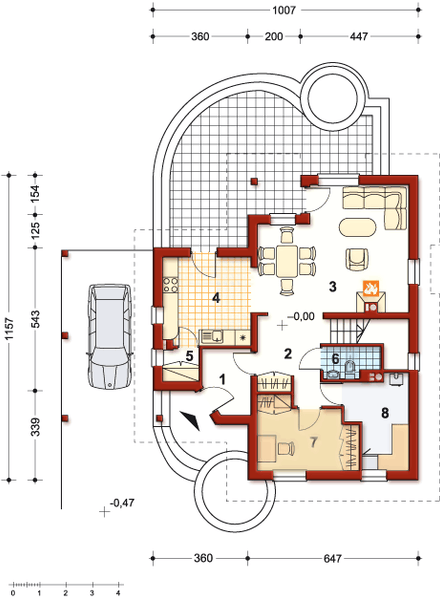 Projekt domu Kasjopea - rzut parteru, dom liczy 4 pokoje, 3 łazienki i wc