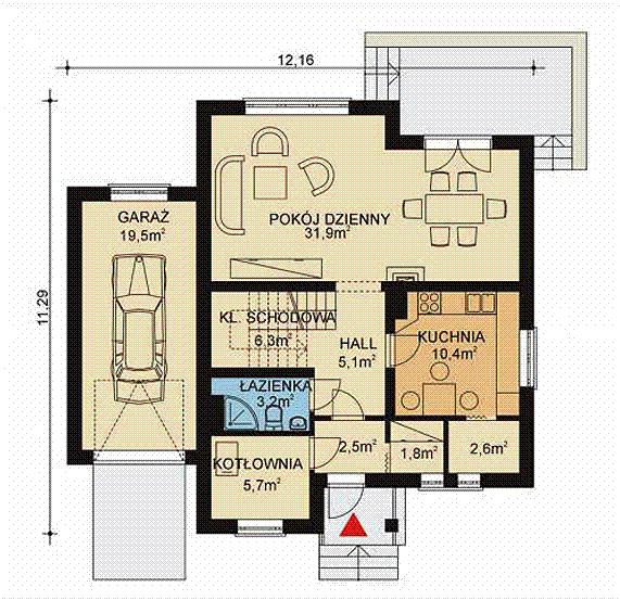 Projekt domu APS 056 - rzut parteru, dom liczy 3 pokoje, 2 łazienki i wc