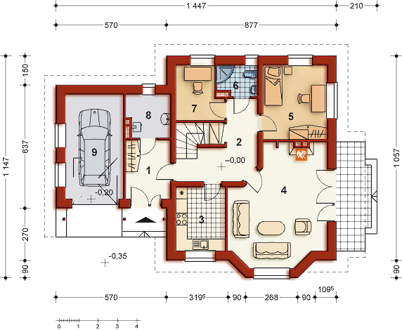 Projekt domu JELONEK II - rzut parteru, dom liczy 5 pokoje, 2 łazienki i wc