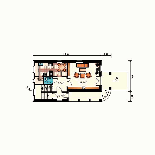 Projekt domu PIRYT - rzut parteru, dom liczy 3 pokoje, 2 łazienki i wc
