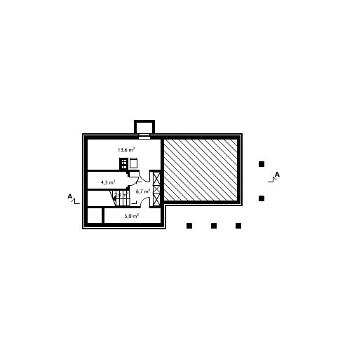 Projekt domu PIRYT - rzut piwnicy, dom liczy 3 pokoje, 2 łazienki i wc